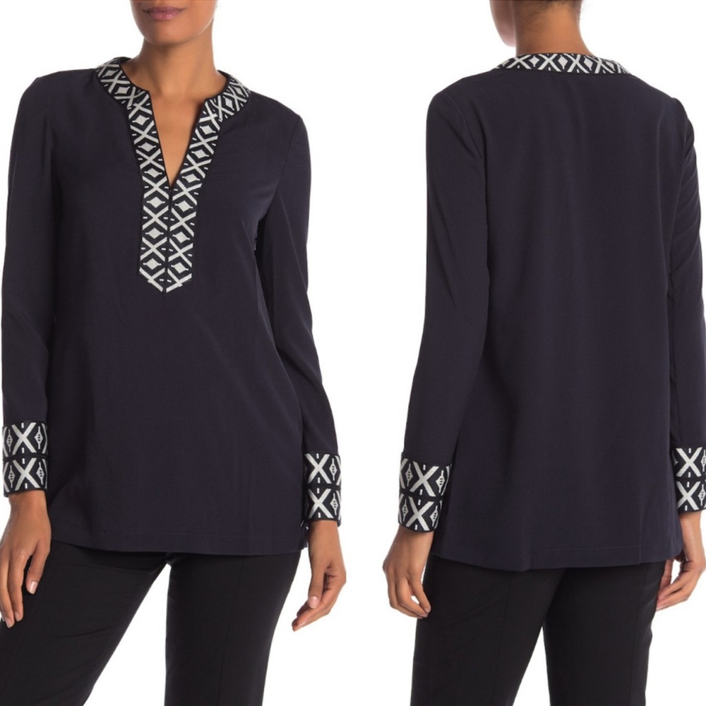 Tory Burch Embroidered Long Sleeve Tunic Top Navy Blue White Womens Size 2 - Picture 1 of 9